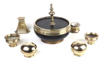 A brass bound betel nut bowl and cover; together with assorted brass bowls and accessories.