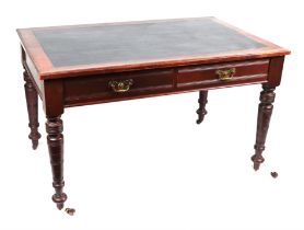 A Victorian mahogany writing table, the rectangular top above two frieze drawers, on turned legs,