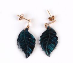 A pair of 9ct gold and mother of pearl leaf shaped drop earrings.