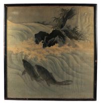 Japanese school, a silk embroidered panel depicting carp, framed & glazed, 59 by 61cms. Condition