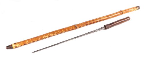 A bamboo shafted French sword stick with square tapering blade, marked to blade ROULEAU. Blade