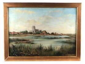 Ernest Parton (American 1845-1933) - View of Blythburgh Church near Southwold, Suffolk - oil on