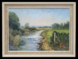 Kate Fisher (modern British - Riverside Walk - signed lower left, oil on board, framed, 34 by