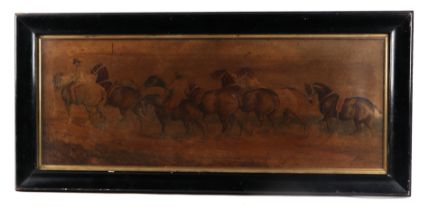 A 19th century oleograph depicting a horse fair, 59cm by 23cm, framed and glazed.