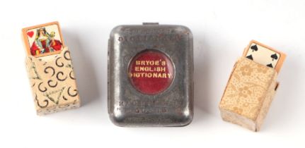 Two set of antique miniature playing cards; together with a Bryce's miniature English dictionary