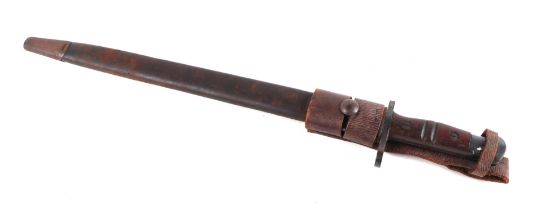 A WWI bayonet with 44cms double fuller steel blade with leather scabbard and frog.
