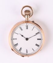 A 14ct gold cased open face fob watch, the white enamel dial with Roman numerals. 3.2cm diameter,