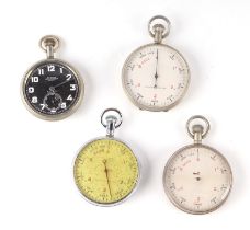 A Military issue open faced pocket watch, the black dial with arabic numerals an subsidiary