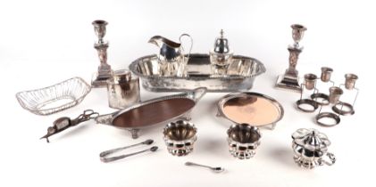 A quantity of silver plated items to include candlesticks, trays, tea caddy and sugar caster.