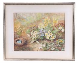 C C Johnson (Victorian school) - Woodland Glade Scene with Primroses and a Bird's Nest in the