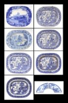 A group of seven blue and white meat plates, largest 51cm wide together with two shaped side dishes,
