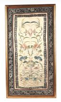Chinese silk embroidered sleeve panels decorated with birds amongst foliage, framed & glazed, 32