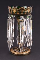 A bohemian green glass lustre with gilt decoration and clear glass drops, 25cm high Condition Report