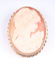 A shell cameo brooch decorated with a neo-classical bust of a lady, in a 9ct gold frame (marks