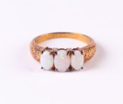 A 9ct gold three-stone opal ring, approx UK size 'N', 3g.