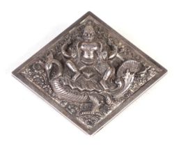 A19th century Anglo-Indian white metal brooch depicting Saraswati riding a swan, 7cms wide.