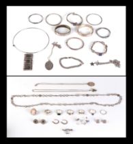 A quantity of silver jewellery to include bangles and necklaces, total weight 327g.