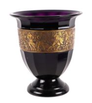 A Moser Karlsbad amethyst glass vase with bronze band depicting classical warriors, unsigned,