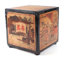 A late 19th / early 20th century Chinese wooden tea box, the panels decorated with figures in a