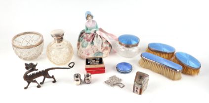 A quantity of silver and blue guilloche enamel dressing table items, a silver mounted cut glass bowl