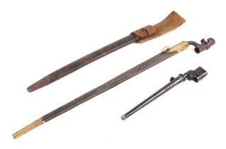 A French spike bayonet, 64cms long with leather scabbard; together with another spike bayonet, 28cms