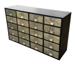 A large industrial style mid-century bank of twenty drawers, 133cms wide.