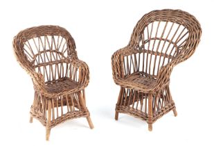 A wicker work doll's peacock style chair, 28cms high; together with another similar, 24cms high (