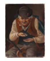 G Falke - a half length portrait of an old gentleman seated smoking a pipe, counting money and