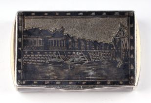A Russian silver rectangular snuff box with niello decoration, 61g, approx 6cms wide.