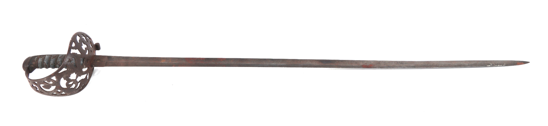 A British Officer's sword with wirebound shagreen grip, pieced and engraved basket hilt and 89cms