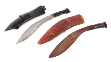 A Kukri with leather scabbard, 42cms long; together with another similar (2). Condition Report The