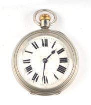 Railway interest. A Waltham Watch Co. nickel plated open faced pocket watch, the white enamel dial