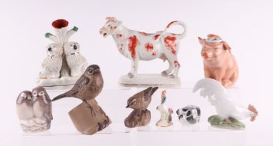 A Collection of Victorian and later ceramic figures to include Royal Copenhagen, a cow creamer,