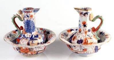 Two 19th century Masons Ironstone jugs and basin sets, impressed mark to the underside, the jugs