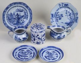 A group of 18th / 19th century Chinese blue & white ceramics to include a cylindrical box and cover;