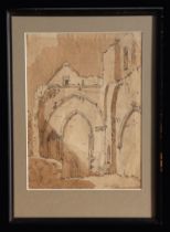 An early 19th century English school pen and sepia wash study of a ruined Abbey, 23 by 32cms, framed