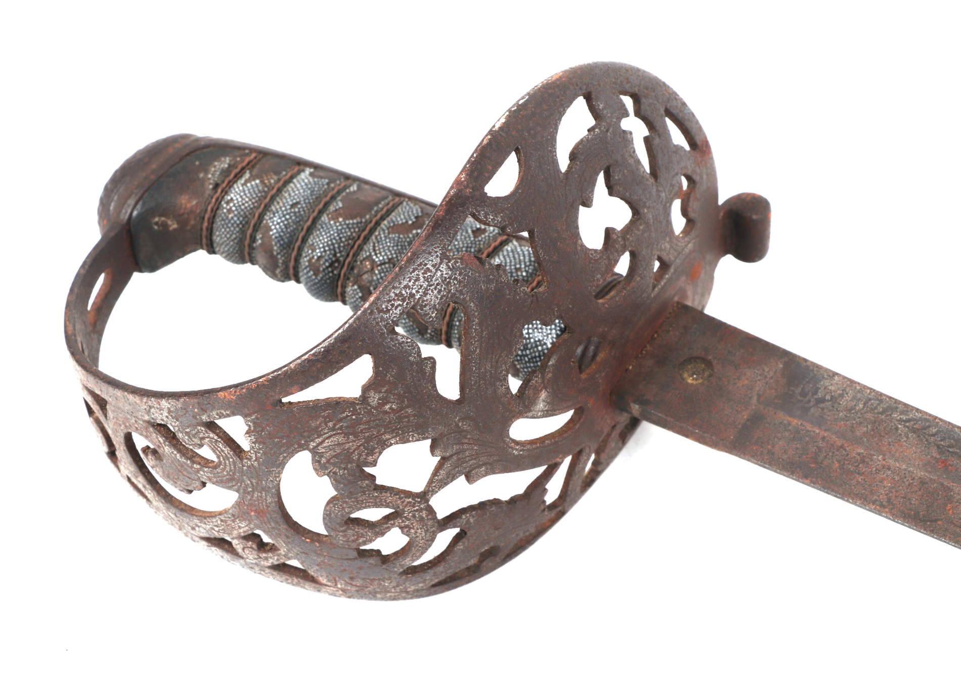 A British Officer's sword with wirebound shagreen grip, pieced and engraved basket hilt and 89cms - Image 2 of 12
