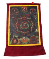 A Sino-Tibetan thangka mandala decorated with multiple figures and deities. 51 by 72cm