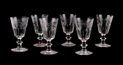 A set of six 19th century wine glass with etched decoration, faceted bowls with knopped stem. each