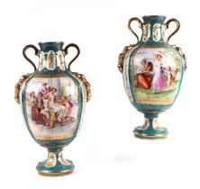 A pair of Sevres style twin-handled baluster vases decorated with vignettes of classical figures, on