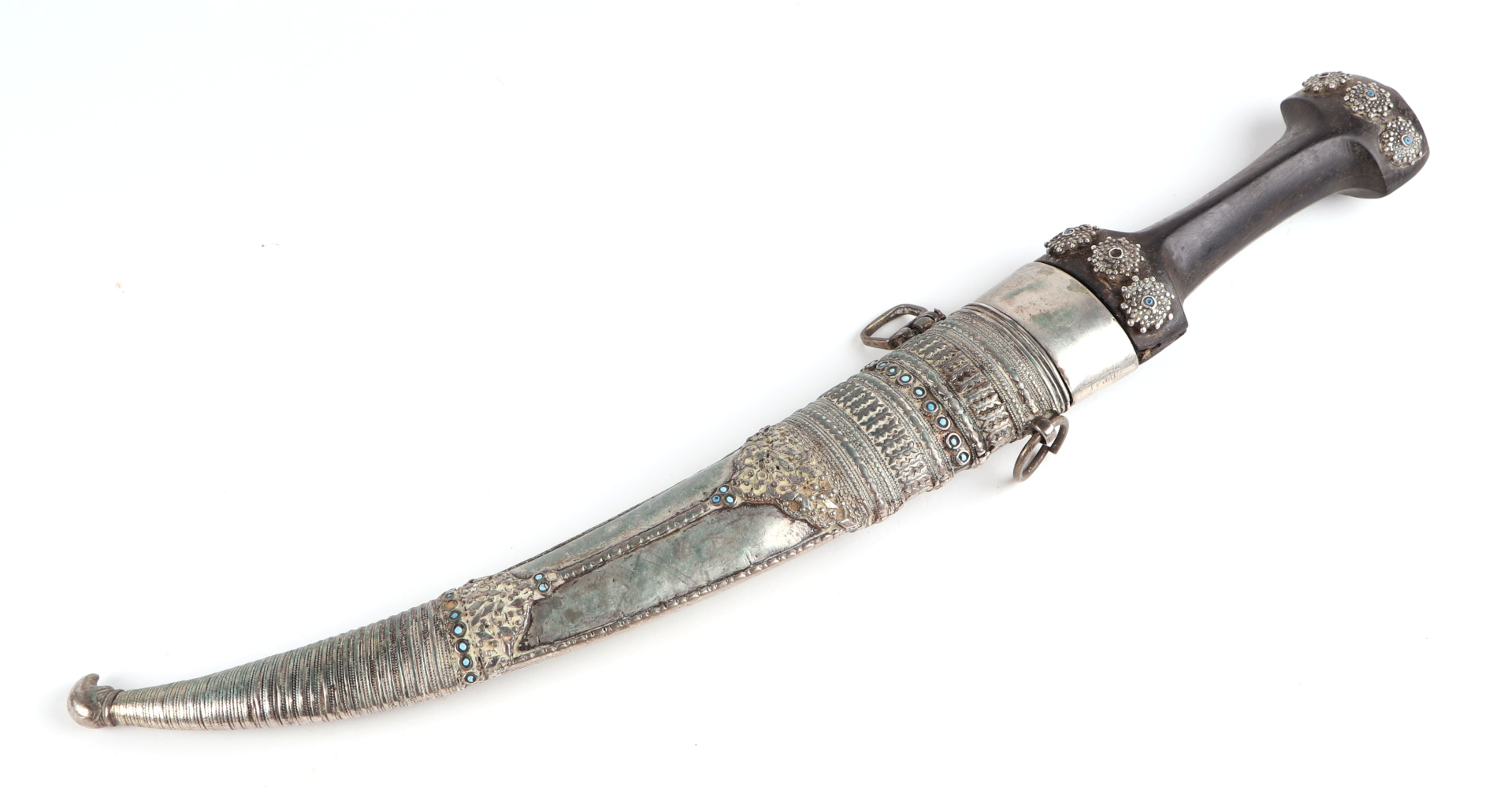 A Persian Khanjar dagger with steel double fuller curved blade, jewelled with metal scabbard and
