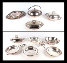 A service of silver plated entree dishes and covers, tureens and covers and trays, all with