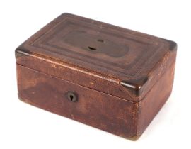 A tooled leather jewellery box with concealed brass carry handle and reinforced brass corners, 20cms