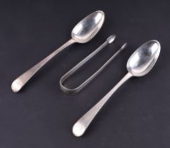 A pair of bottom marked silver tablespoons, London 1776 and makers mark WT together with a pair of
