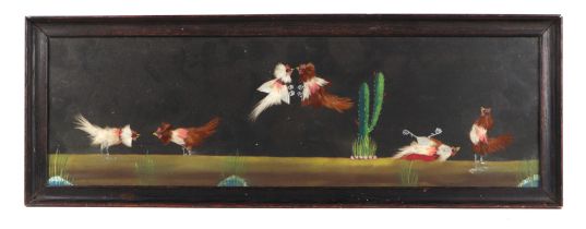 20th century British school - a feather picture heightened with gouache depicting cock fighting,
