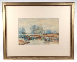 E S Martin - A Summer's Day - a young boy playing with a pond yacht, signed lower left, watercolour,