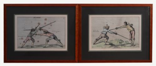 A pair of 19th century style hand coloured engravings depicting fencing moves, both framed &