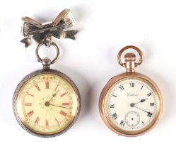 A Waltham open faced fob watch in a gold plated case; together with a silver cased open faced fob