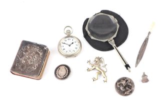 An Art Deco white metal mounted pocket hand magnifier silver bookmark; together with an open faced