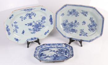 Three 18th century Chinese blue & white meat plates of octagonal form decorated with a river